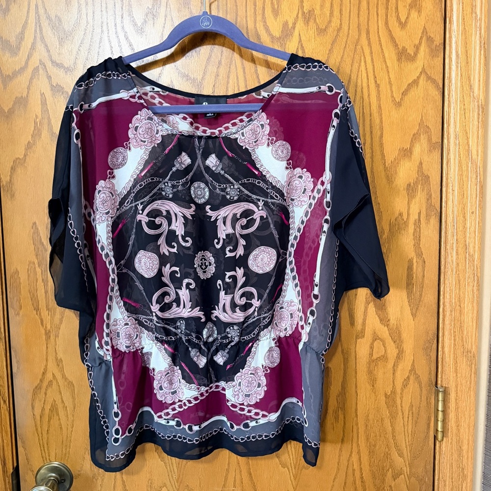 AB Studio Black & Burgundy Scarf-Print Blouse